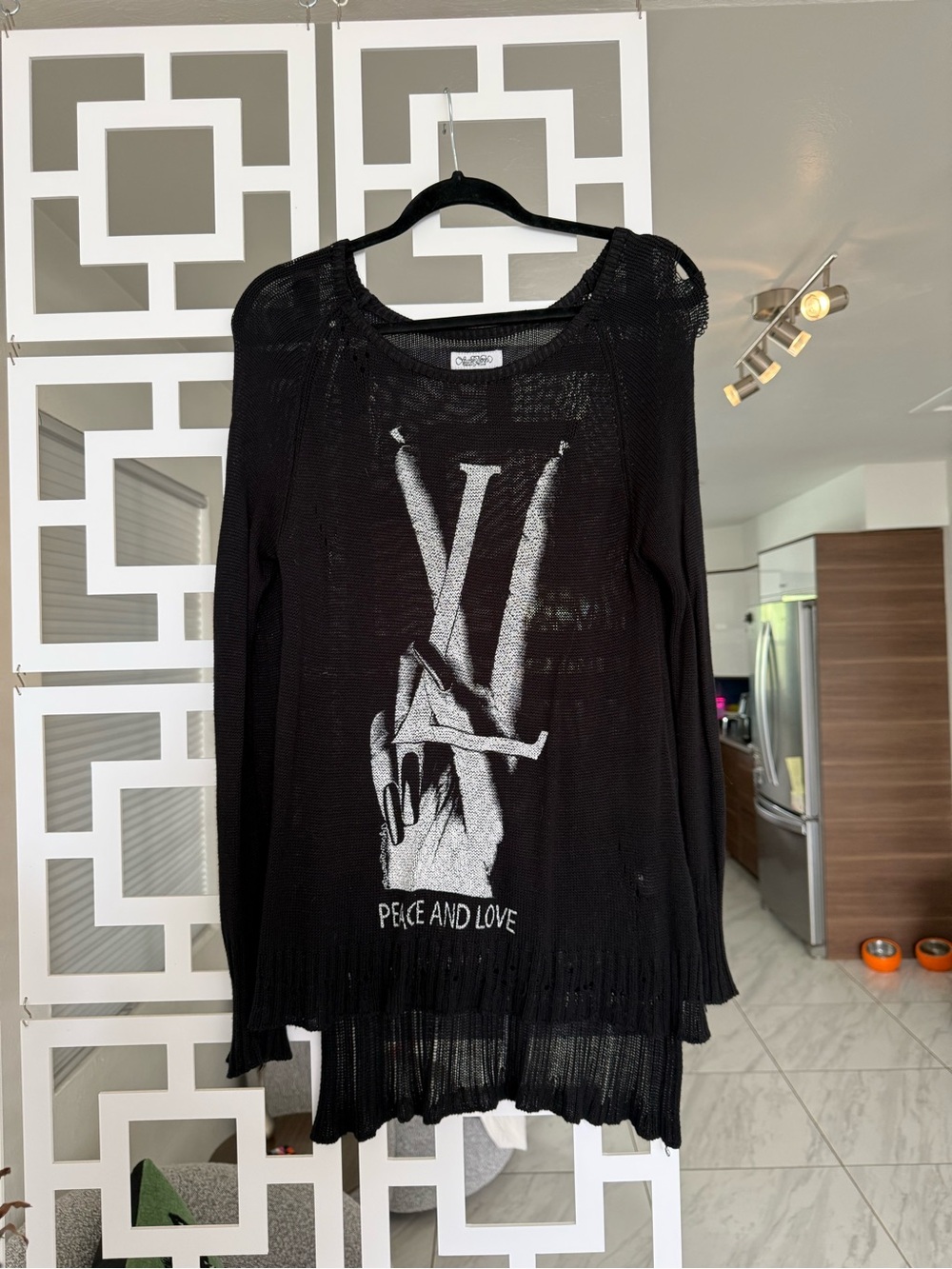 Black Mesh Graphic 'Peace and Love' Sweater